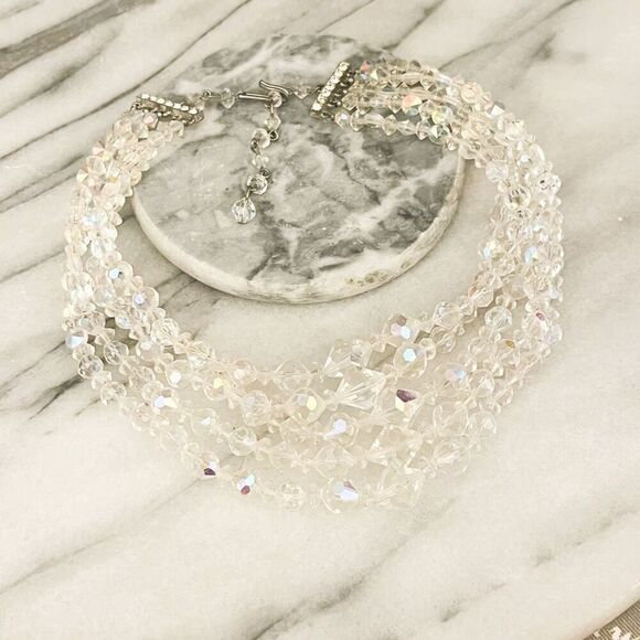 Vintage AB Crystal Necklace Clear Iridescent 5 Strand Layered Hook Closure - Picture 3 of 7